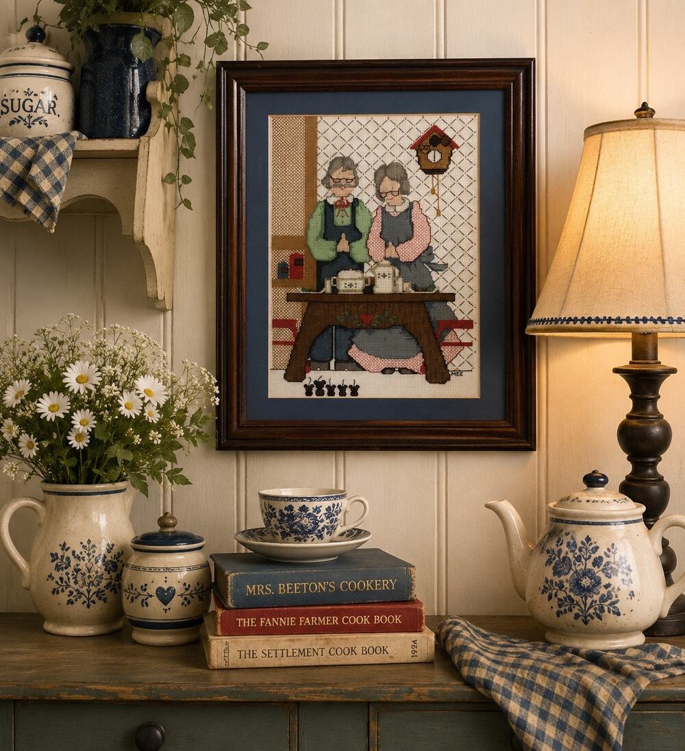 Vintage Handmade Needlepoint Elderly Couple Tea Time Framed Folk Art Kitchen